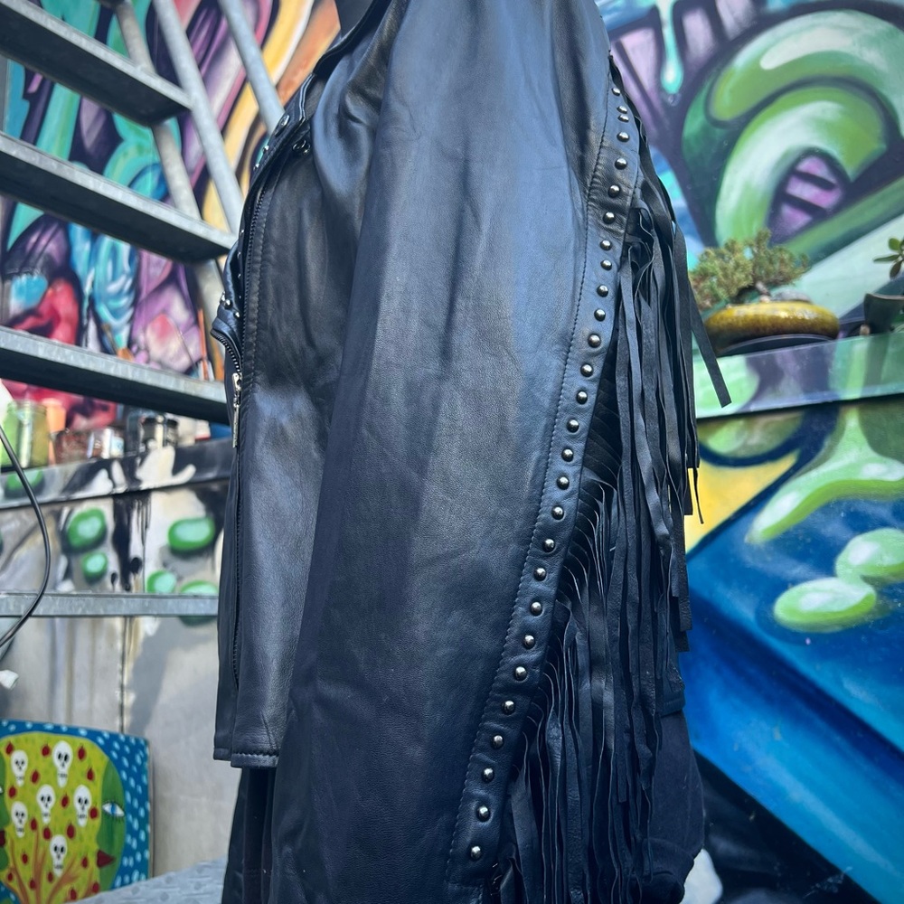 Leather Fringe Studded Motorcycle Jacket with Removable Fringe - Picture 13 of 17